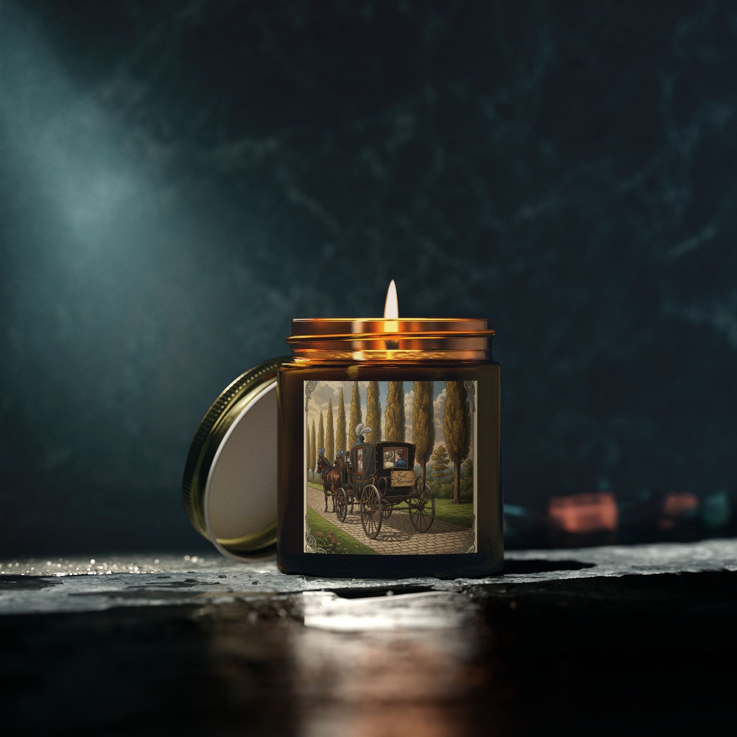 Scented Candles, Elegant 'Just Married' Carriage Ride Wedding Reception Gift, Coconut Apricot Wax Candle, Swag Item for Special Occasion