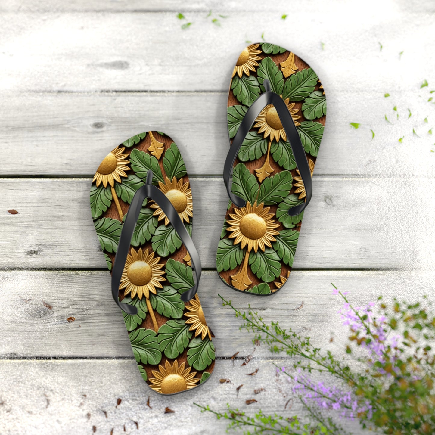 Stylish Floral Flip Flops, Personalized Beach Sandals, Sunflower Summer Footwear, Vacation Essential, Boho Chic Footwear