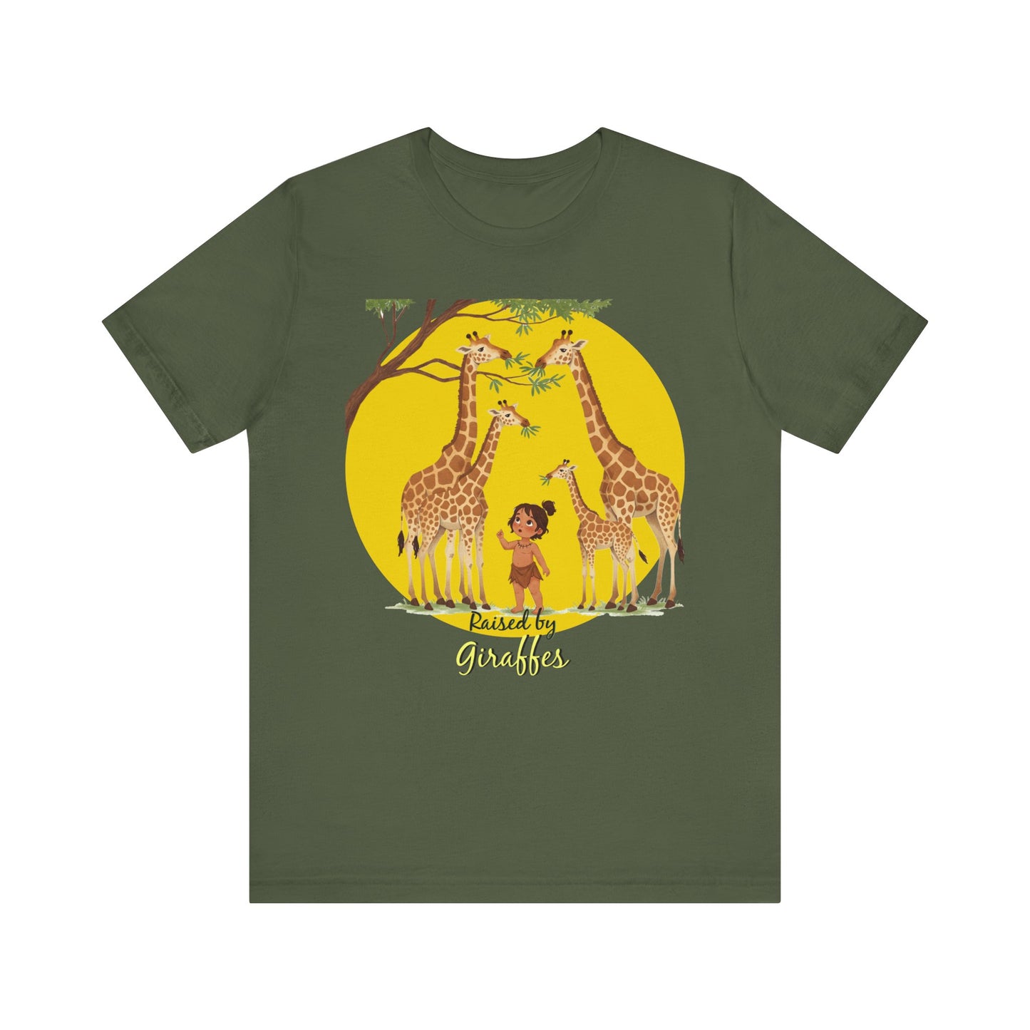 Raised by Giraffes Unisex T-Shirt - Funny Animal Lover Tee - Giraffe Lovers, Wildlife Enthusiasts (Female Character) - Schmartypants