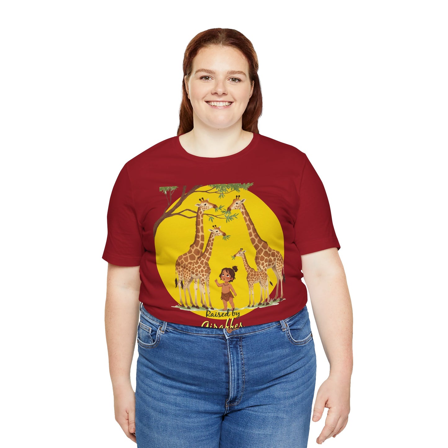 Raised by Giraffes Unisex T-Shirt - Funny Animal Lover Tee - Giraffe Lovers, Wildlife Enthusiasts (Female Character) - Schmartypants