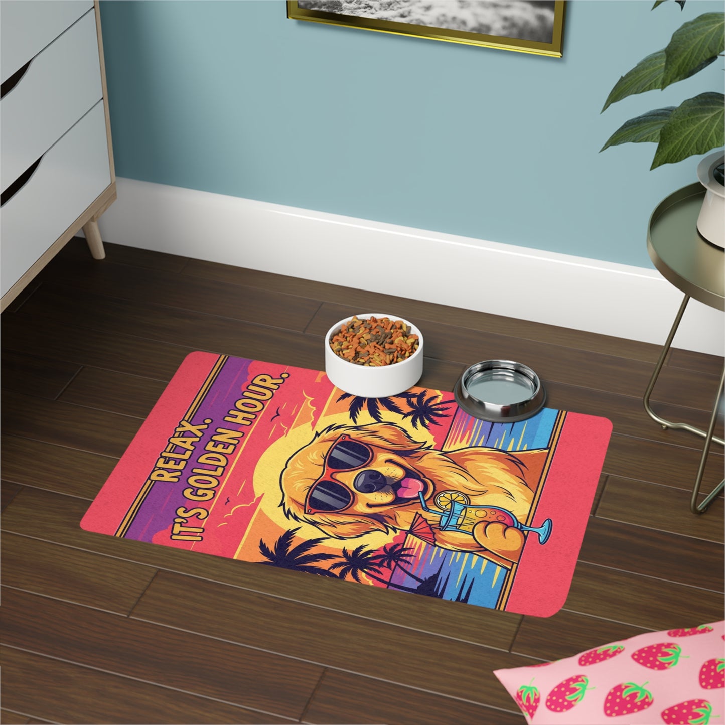 Charming Golden Retriever Pet Food Mat with Golden Hour Design - Dog Lover Gift, Pet Accessories, Relaxing Vibes, 12x18 Inches