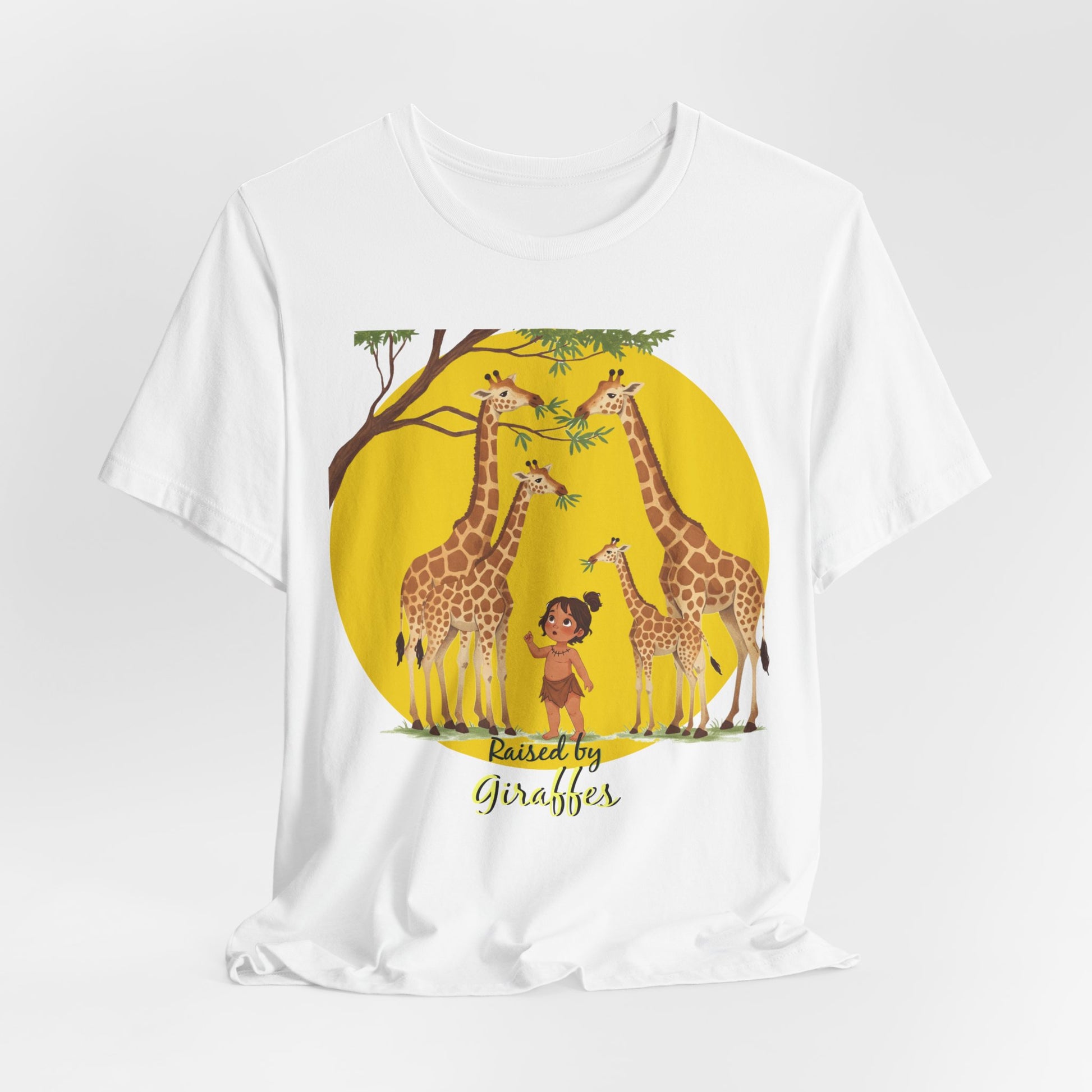 Raised by Giraffes Unisex T-Shirt - Funny Animal Lover Tee - Giraffe Lovers, Wildlife Enthusiasts (Female Character) - Schmartypants