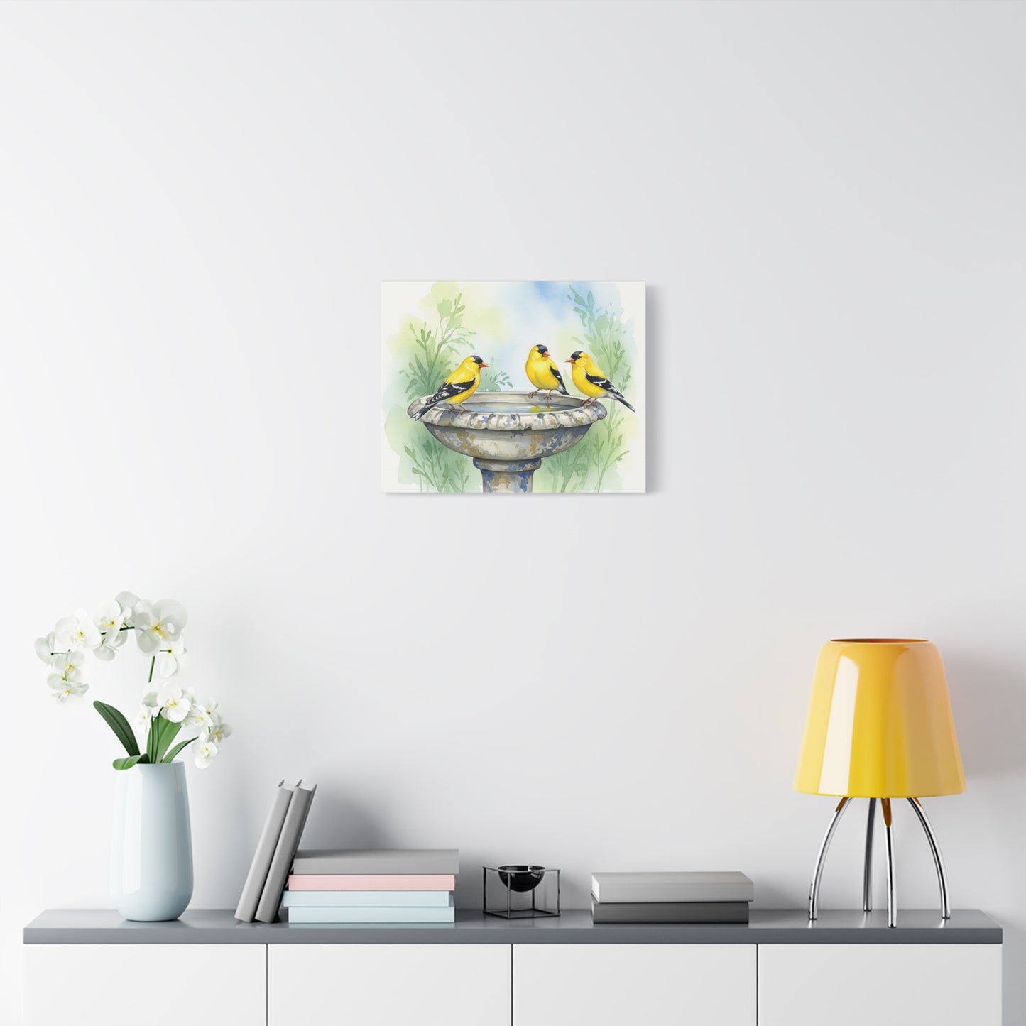 Goldfinches on Fountain Canvas Art, Nature Wall Decor, Yellow Finch Print, Home Decor, Gift for Bird Lovers, Spring Decoration