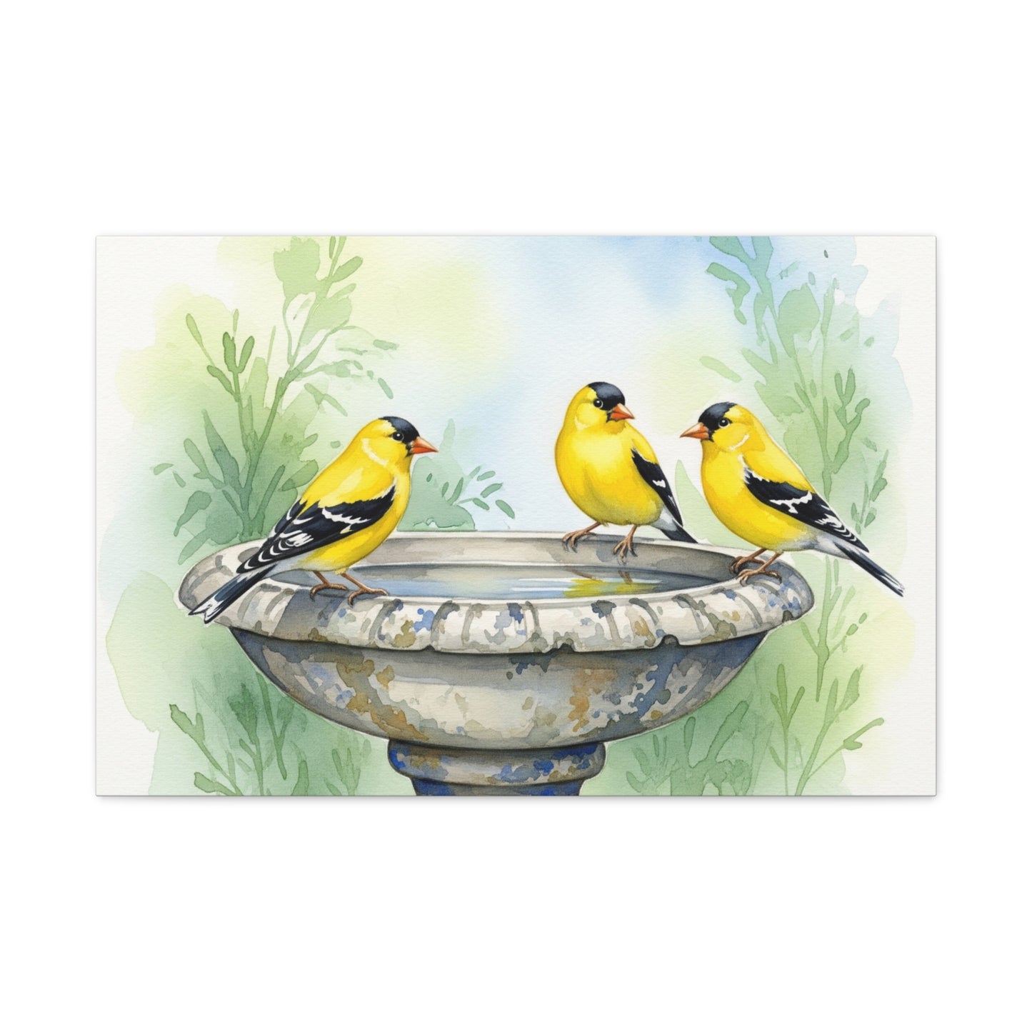Goldfinches on Fountain Canvas Art, Nature Wall Decor, Yellow Finch Print, Home Decor, Gift for Bird Lovers, Spring Decoration