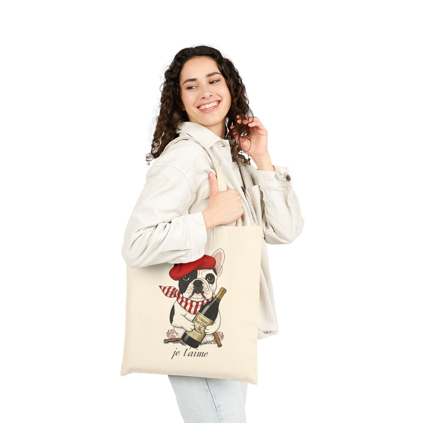 Chic French Bulldog 'je t'aime' Canvas Tote Bag - Eco-Friendly Shopping, Gift for Dog Lovers, Cute Beach Bag, Pet Owner Accessory