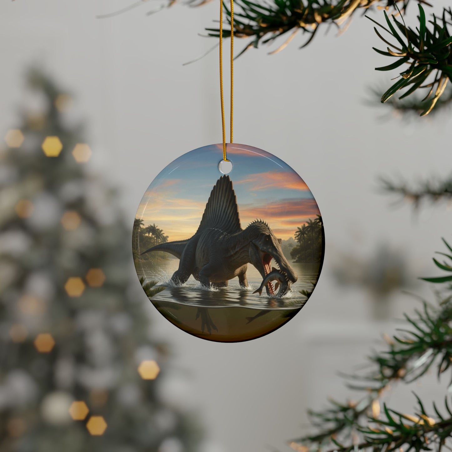 Spinosaurus Jurassic Era Dinosaur Ceramic Christmas Tree Ornaments, 2-Sided Keepsakes, Party Favors