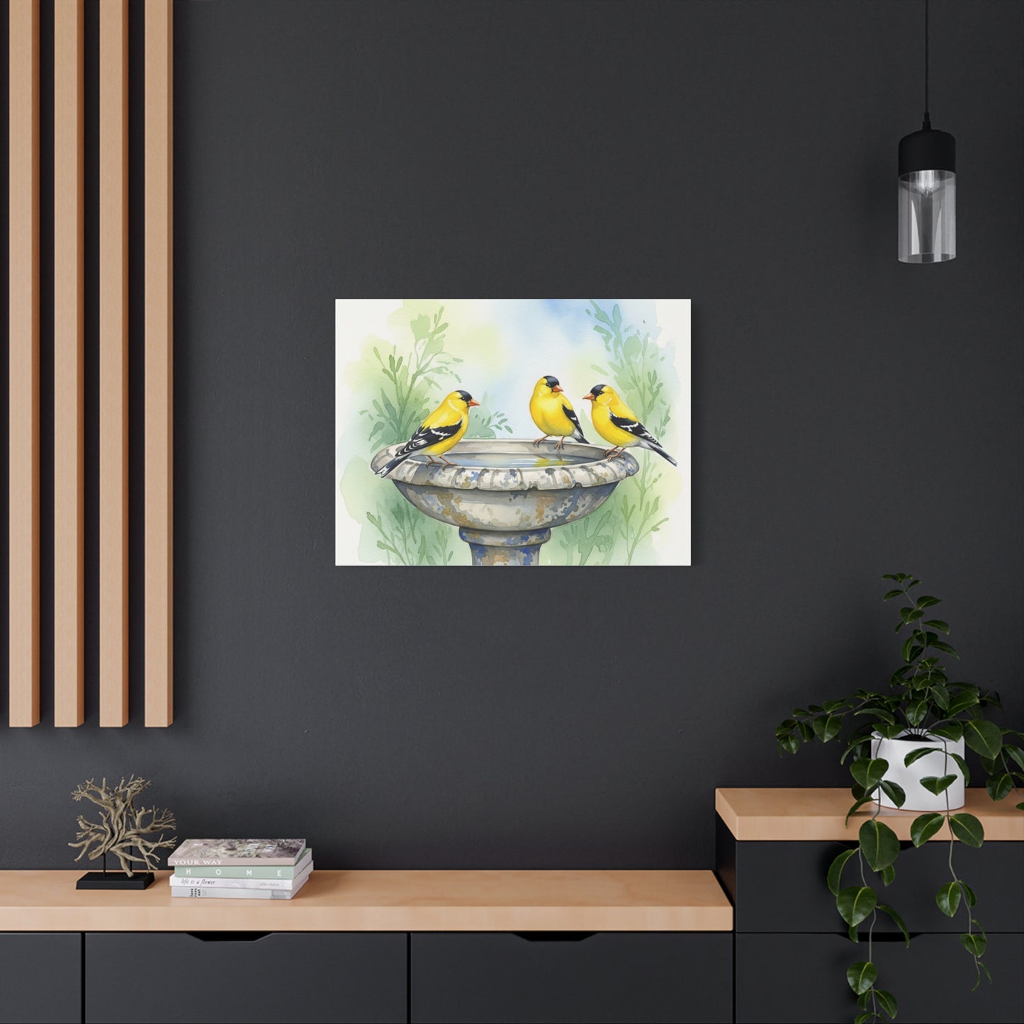 Goldfinches on Fountain Canvas Art, Nature Wall Decor, Yellow Finch Print, Home Decor, Gift for Bird Lovers, Spring Decoration