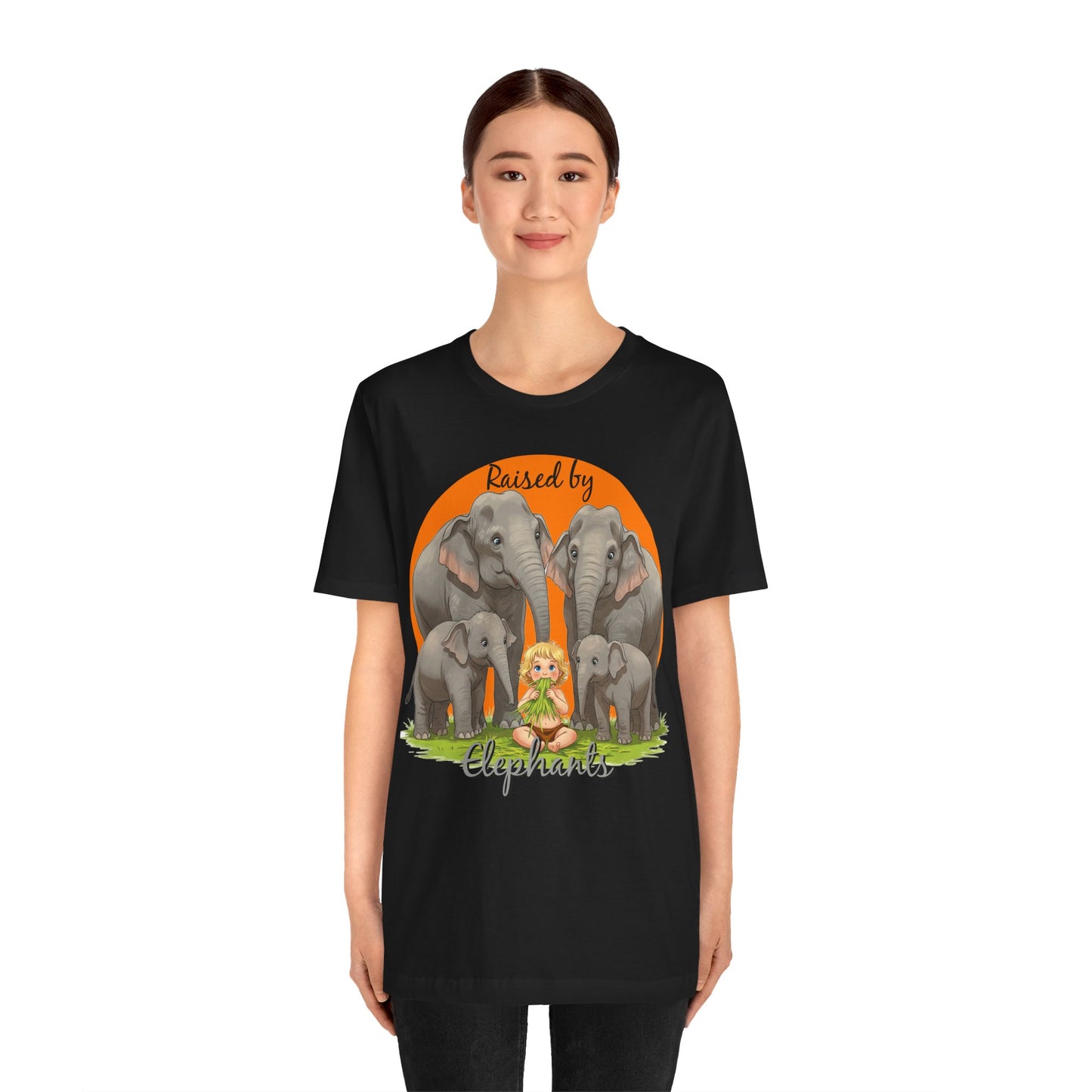 Funny Raised by Elephants Unisex Short Sleeve Tee - Perfect for Animal Lovers, Wildlife Fans (Women's Character version) - Schmartypants
