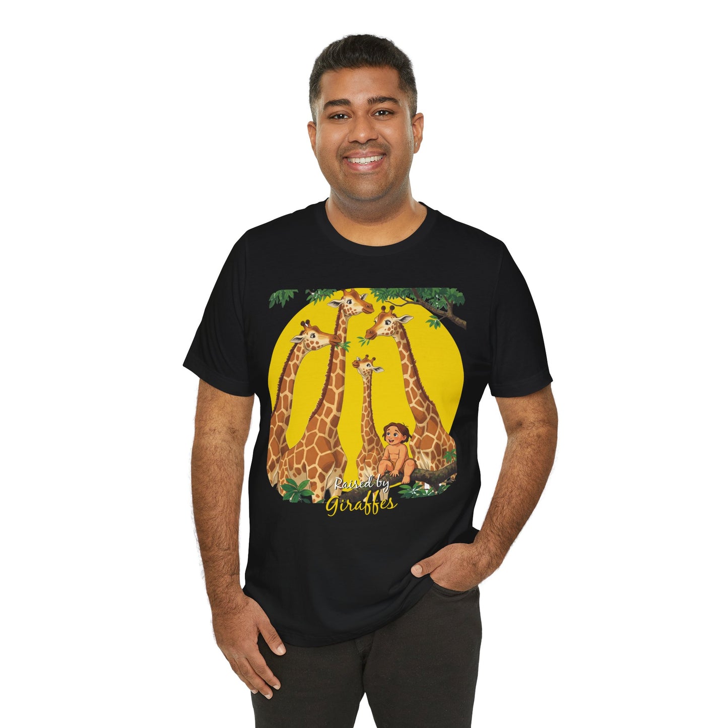 Hilarious Comical 'Raised By Giraffes' Unisex Short Sleeve Tee - Perfect for Animal Lovers (male character version) - Schmartypants