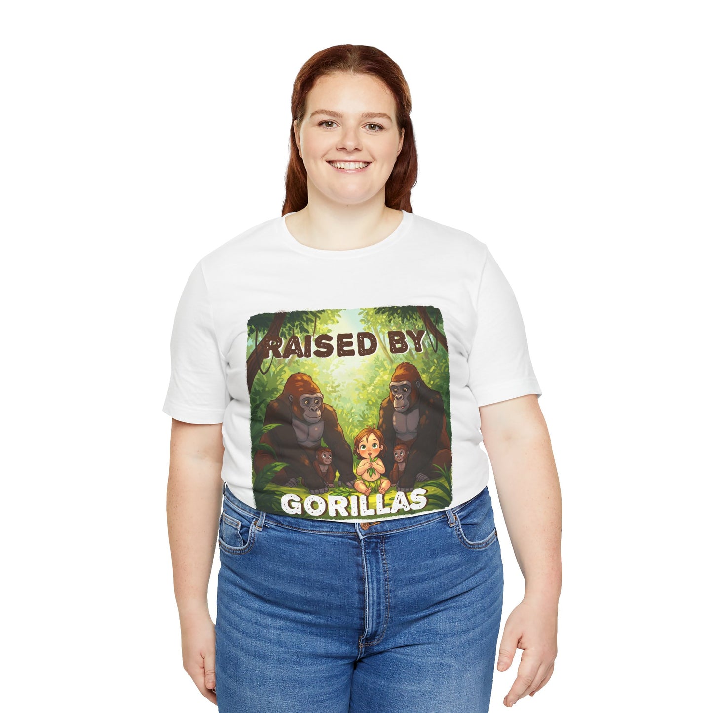 Funny Gorilla Graphic Tee - 'Raised by Gorillas' Unisex Jersey Shirt (Female character version) - Schmartypants