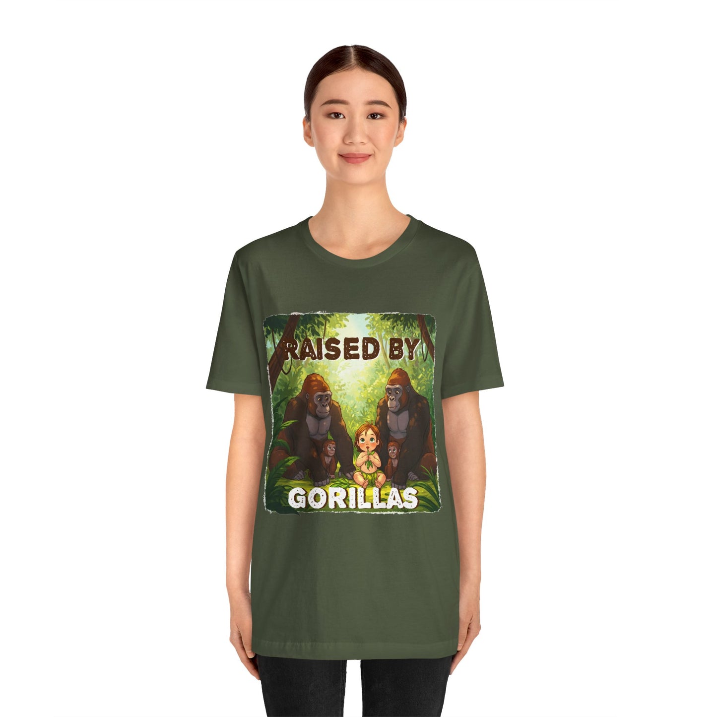 Funny Gorilla Graphic Tee - 'Raised by Gorillas' Unisex Jersey Shirt (Female character version) - Schmartypants