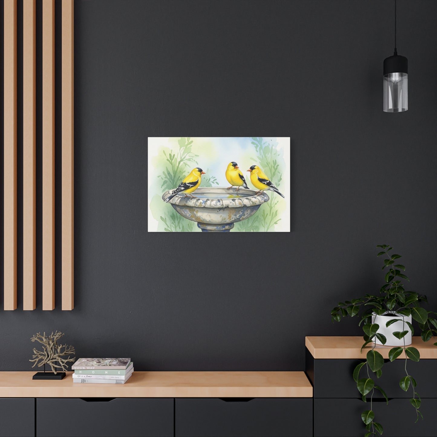 Goldfinches on Fountain Canvas Art, Nature Wall Decor, Yellow Finch Print, Home Decor, Gift for Bird Lovers, Spring Decoration