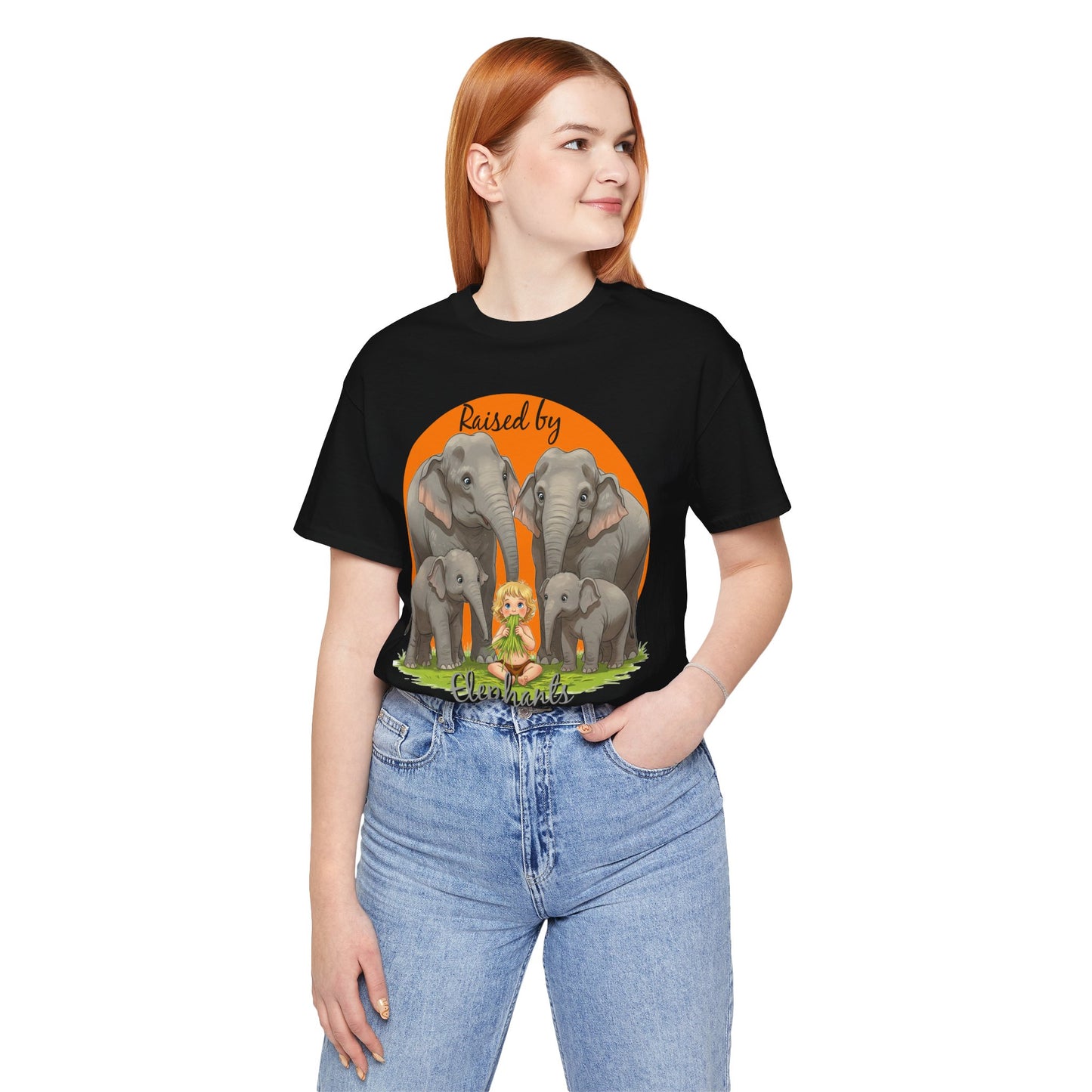 Funny Raised by Elephants Unisex Short Sleeve Tee - Perfect for Animal Lovers, Wildlife Fans (Women's Character version) - Schmartypants