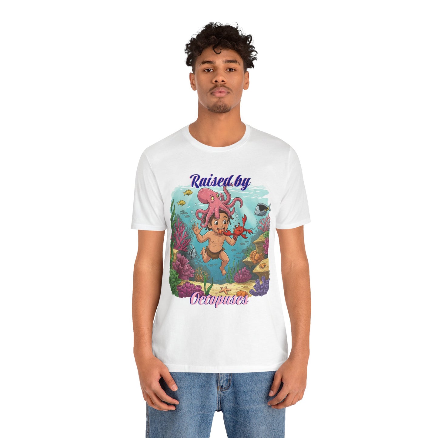 Ocean-Inspired Unisex Tee - Funny "Raised by Octopus", Fun Gift for Marine Lovers, Summer Beachwear, Cute Animal T-Shirt