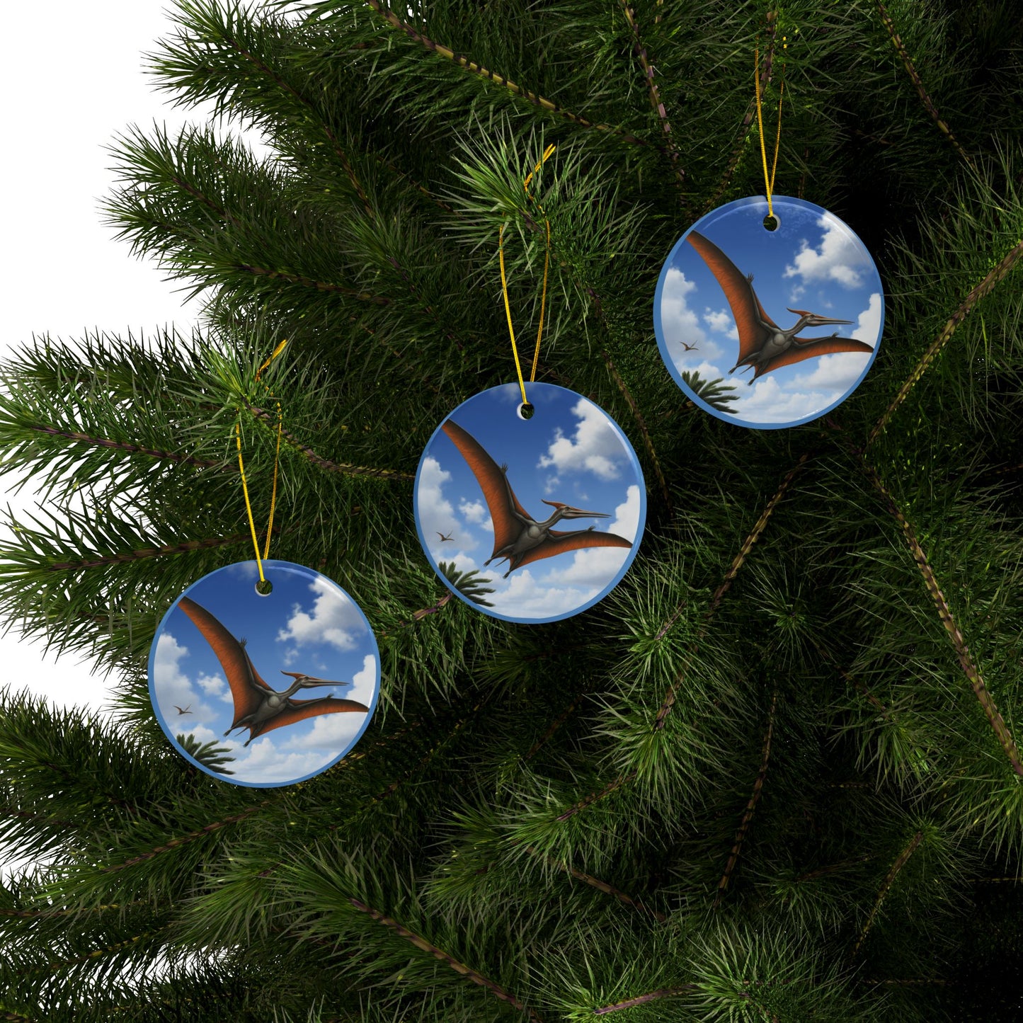 Pterosaur Dinosaur-Themed Ceramic Ornaments for Holiday Decor, 2-Sided Print for Kids, Christmas Tree, Birthdays, Jurassic Era Party Favors