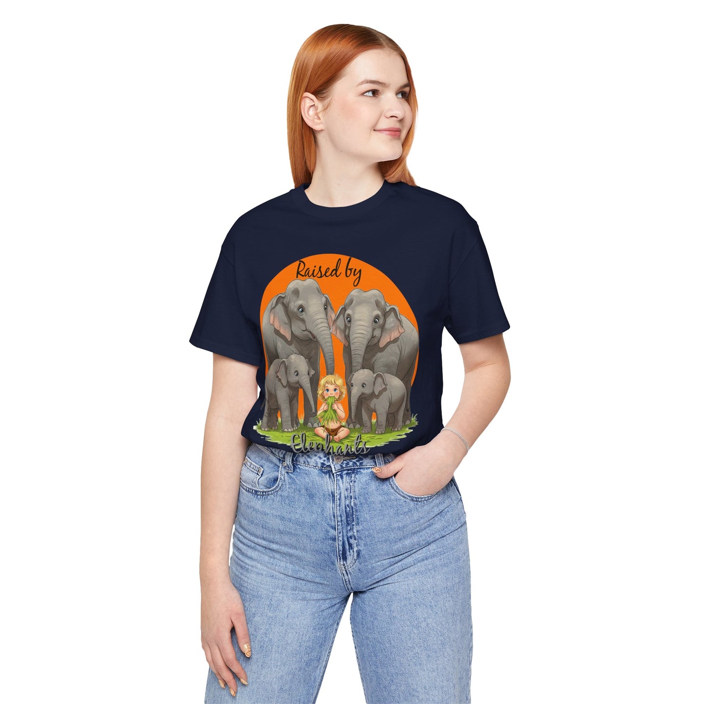 Funny Raised by Elephants Unisex Short Sleeve Tee - Perfect for Animal Lovers, Wildlife Fans (Women's Character version) - Schmartypants