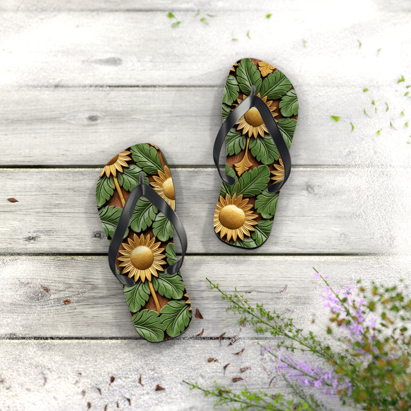 Stylish Floral Flip Flops, Personalized Beach Sandals, Sunflower Summer Footwear, Vacation Essential, Boho Chic Footwear