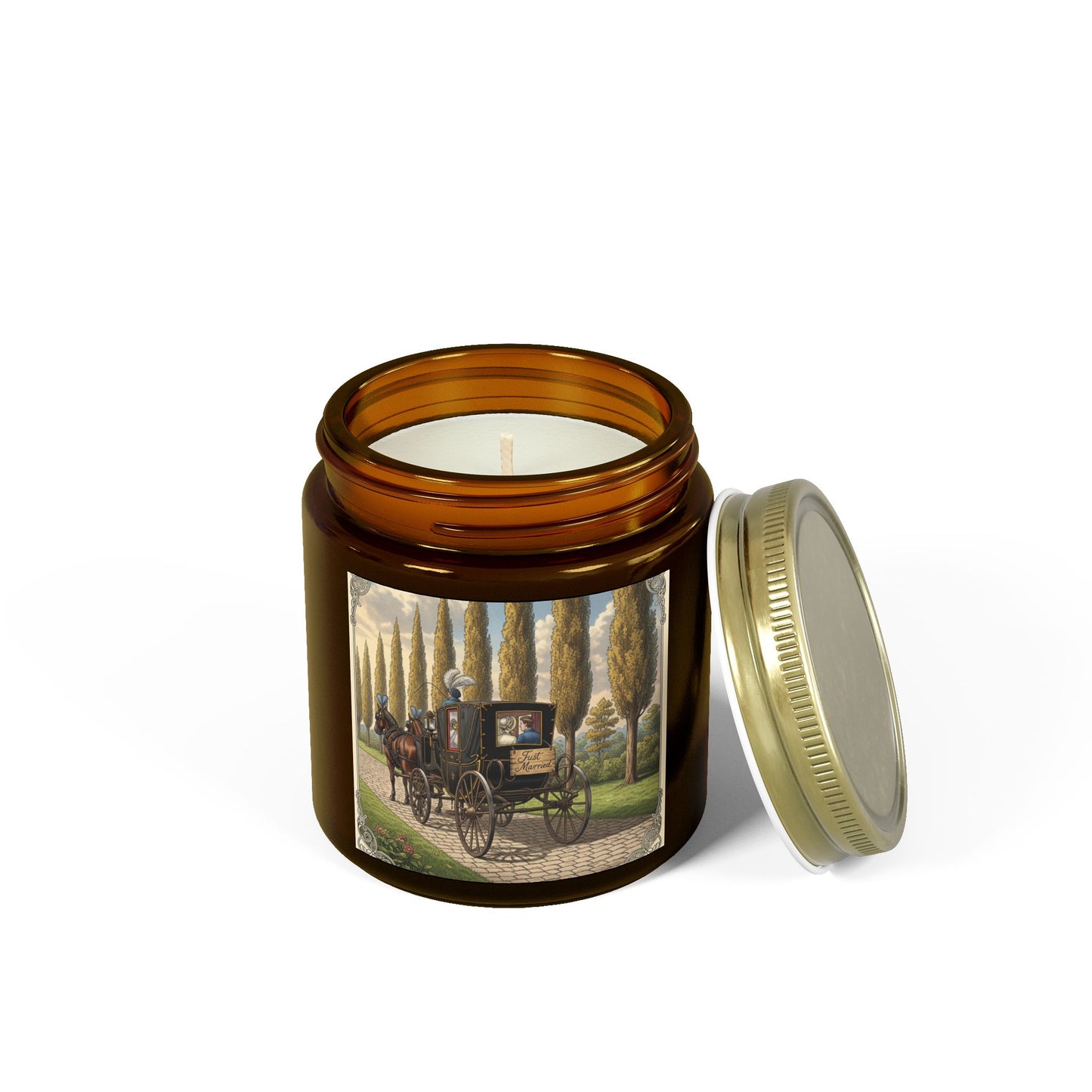 Scented Candles, Elegant 'Just Married' Carriage Ride Wedding Reception Gift, Coconut Apricot Wax Candle, Swag Item for Special Occasion