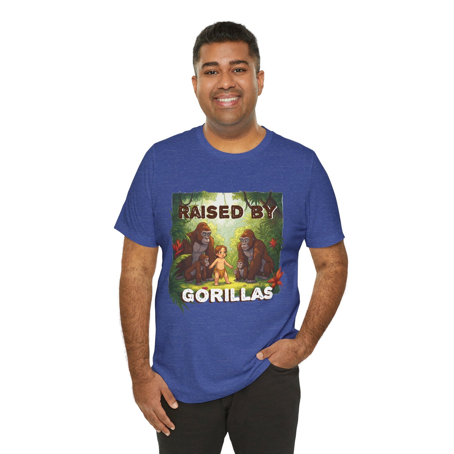 Hilarious 'Raised by Gorillas' Unisex T-Shirt - Funny Animal Lover Gift (male character version) - Schmartypants