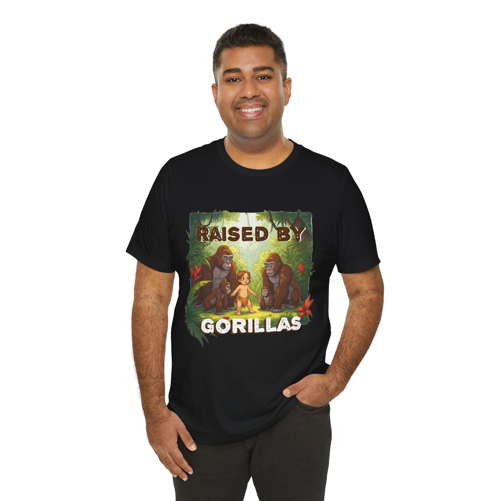 Hilarious 'Raised by Gorillas' Unisex T-Shirt - Funny Animal Lover Gift (male character version) - Schmartypants
