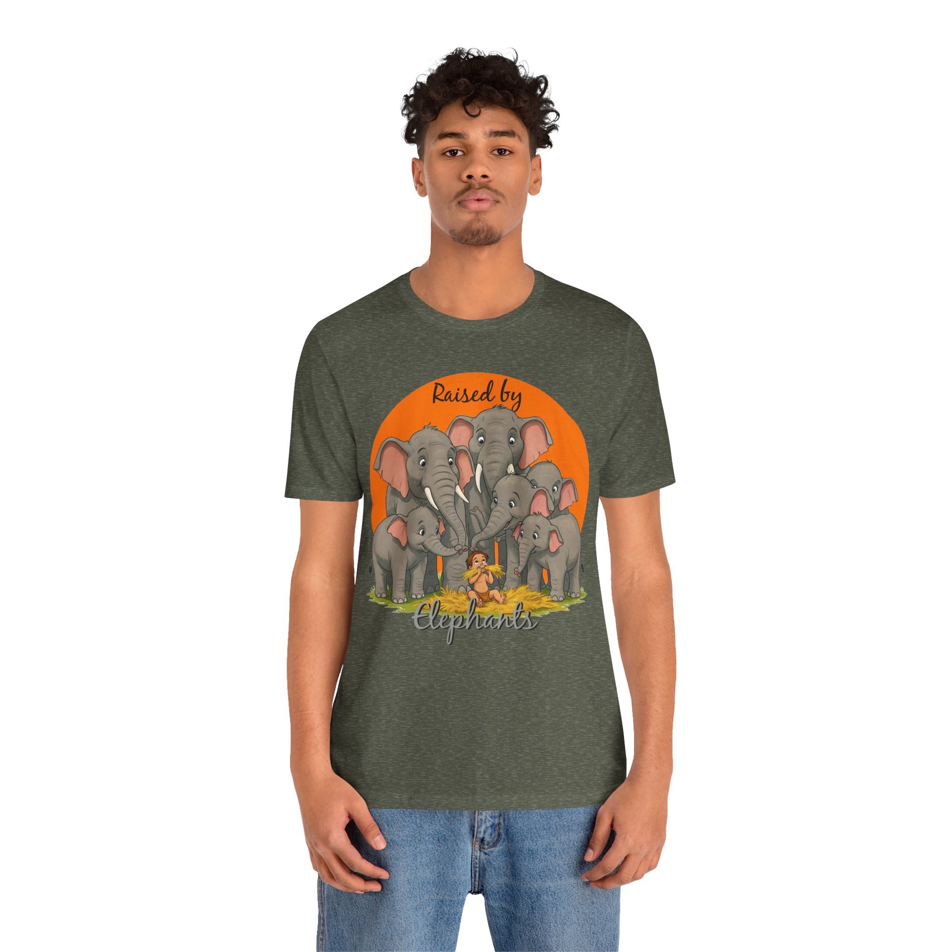 Elephant Lovers Tee - Funny 'Raised by Elephants' Unisex Jersey Short Sleeve Shirt - Wildlife and Nature Lovers Shirt (Male Character Version) - Schmartypants