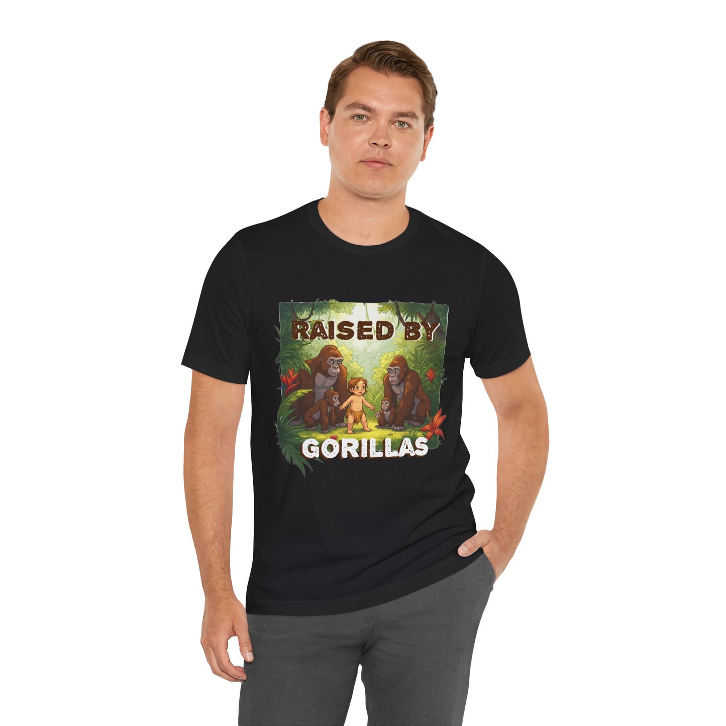 Hilarious 'Raised by Gorillas' Unisex T-Shirt - Funny Animal Lover Gift (male character version) - Schmartypants
