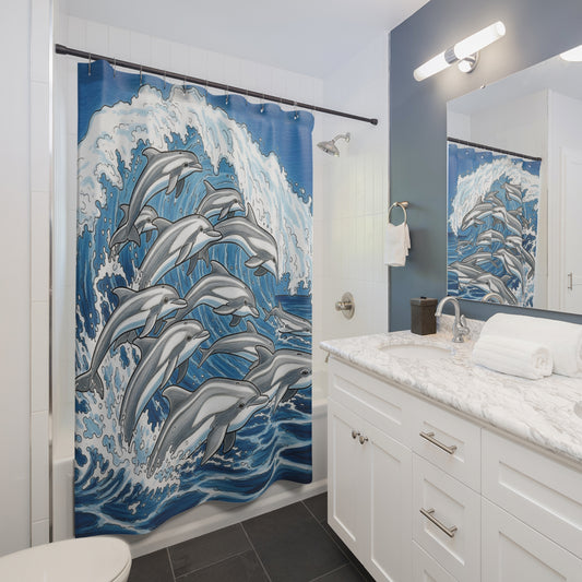 Dolphin Wave Shower Curtain, Ocean Bathroom Decor, Nautical Theme, Beach House Accessory, Gift for Marine Lovers