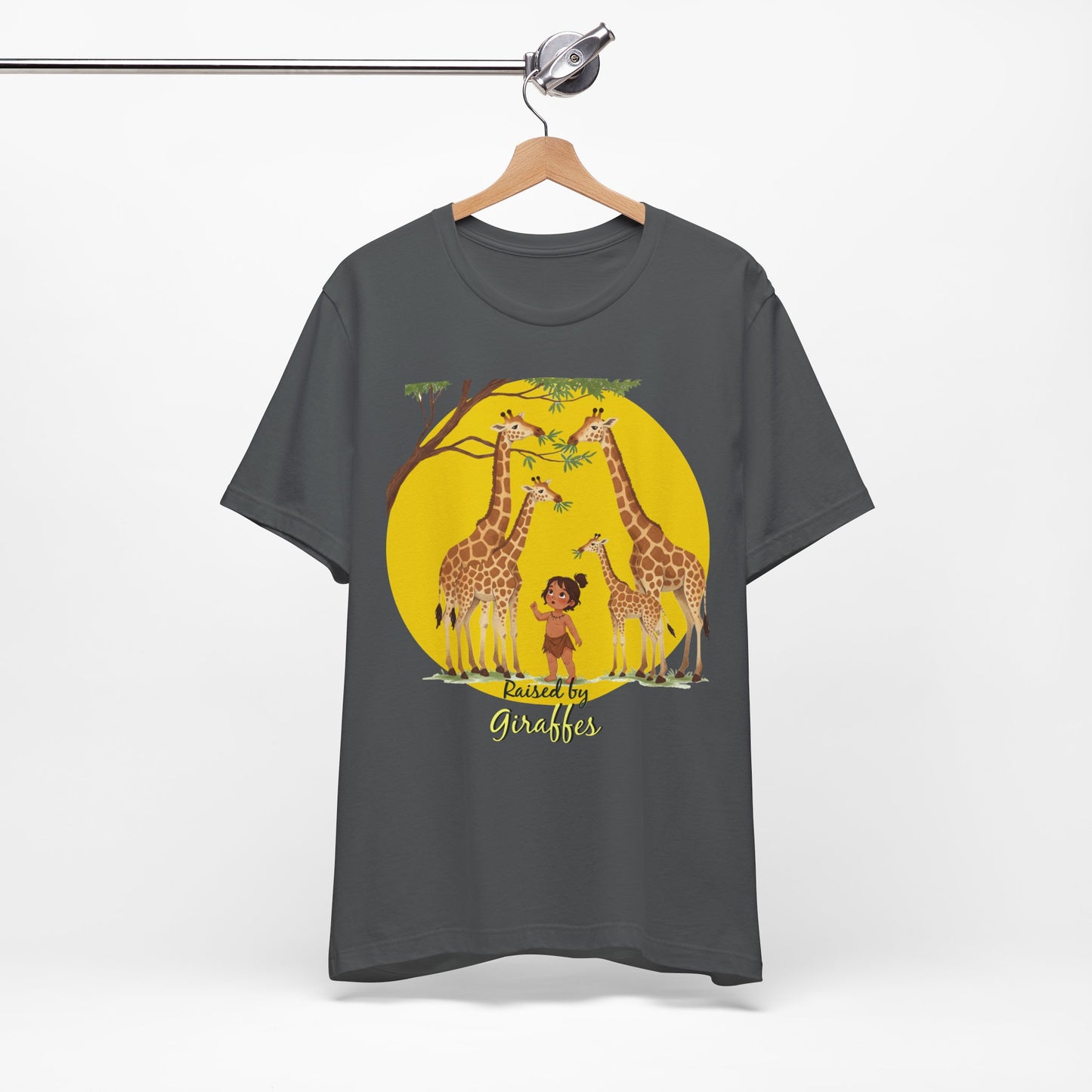 Raised by Giraffes Unisex T-Shirt - Funny Animal Lover Tee - Giraffe Lovers, Wildlife Enthusiasts (Female Character) - Schmartypants
