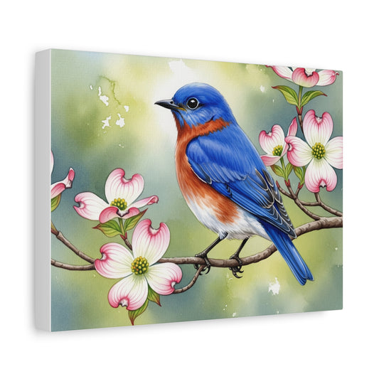 Bluebird and Dogwood Canvas Art Print, Nature Wall Decor, Home Interior Design, Gift for Bird Lovers, Spring Decoration