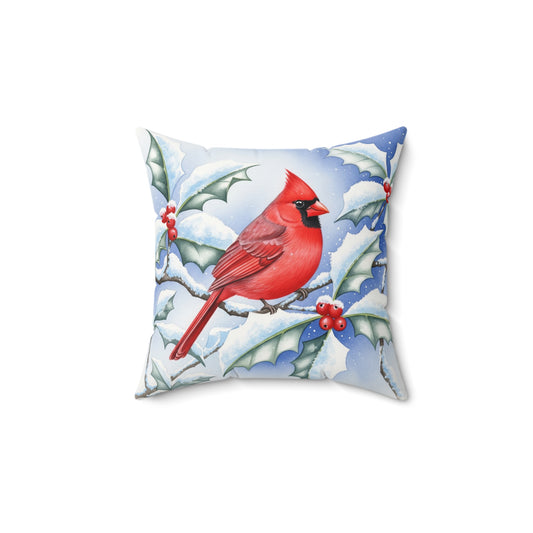 Cardinal Watercolor Square Pillow, Festive Christmas Decor, Holiday Throw Cushion, Snow Cardinal Home Accent, Winter Decorative Pillow