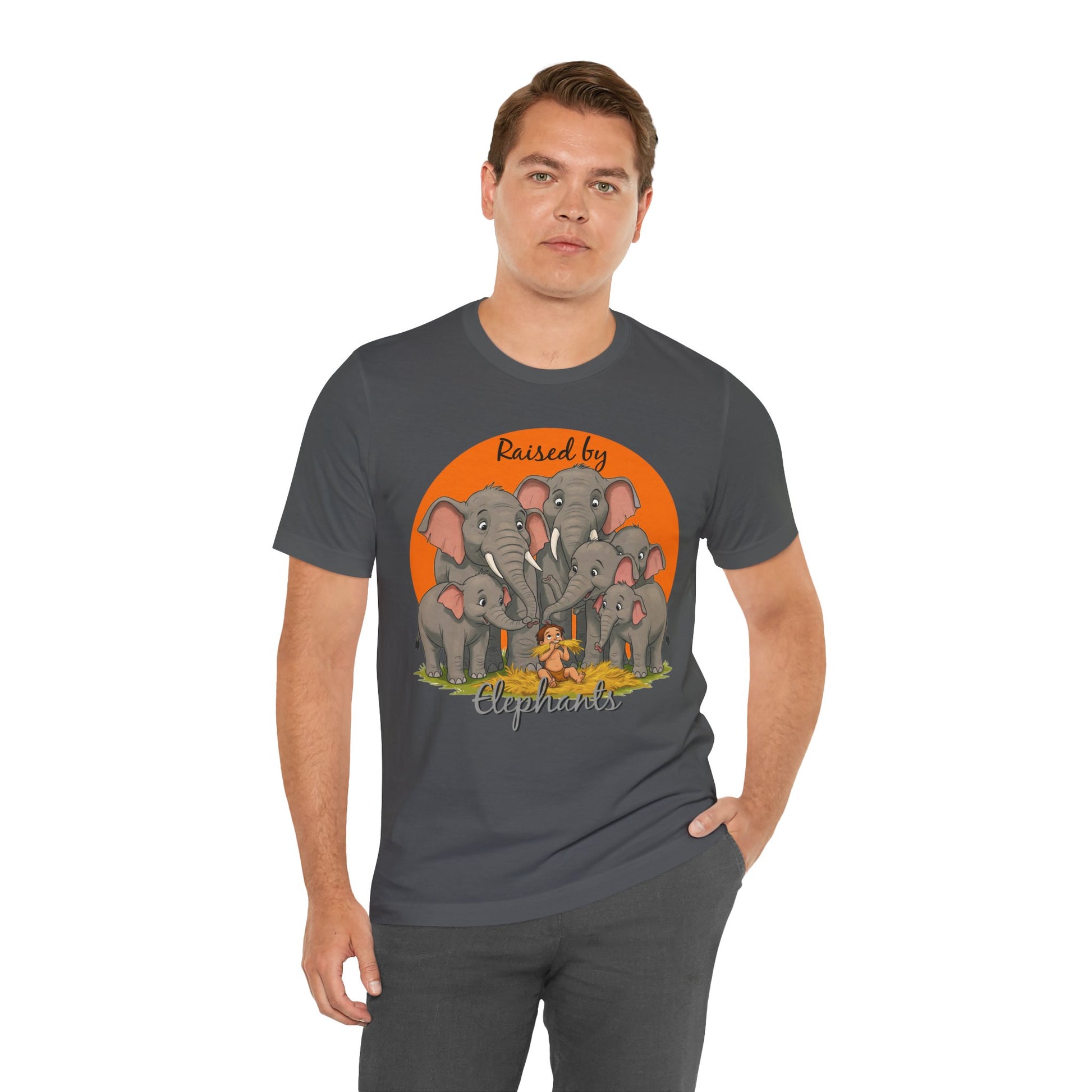 Elephant Lovers Tee - Funny 'Raised by Elephants' Unisex Jersey Short Sleeve Shirt - Wildlife and Nature Lovers Shirt (Male Character Version) - Schmartypants