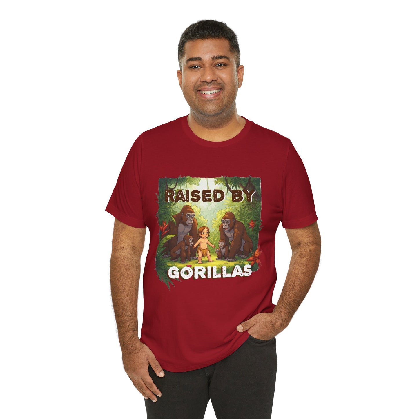 Hilarious 'Raised by Gorillas' Unisex T-Shirt - Funny Animal Lover Gift (male character version) - Schmartypants