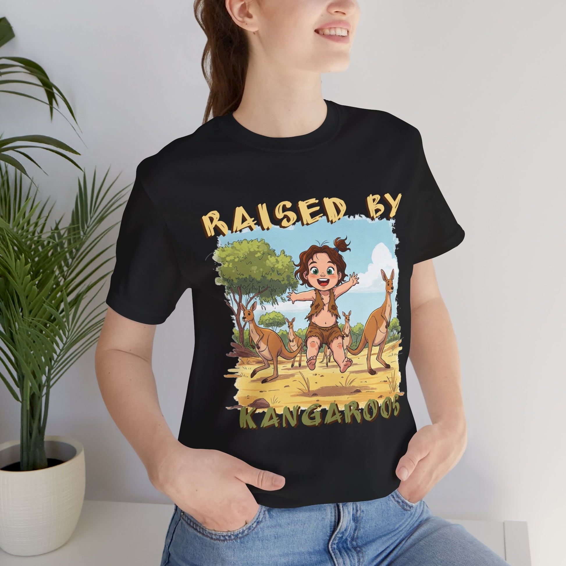 Cute, Funny Kangaroo Vibe Unisex Tee - "Raised by Kangaroos" (female character) - Australian Theme - Schmartypants
