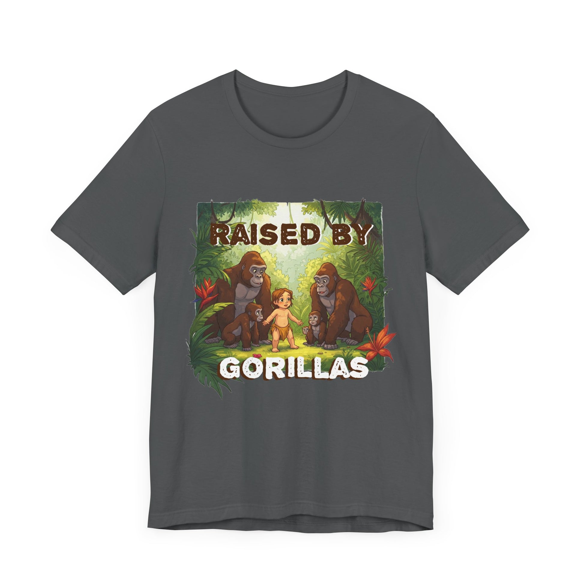 Hilarious 'Raised by Gorillas' Unisex T-Shirt - Funny Animal Lover Gift (male character version) - Schmartypants
