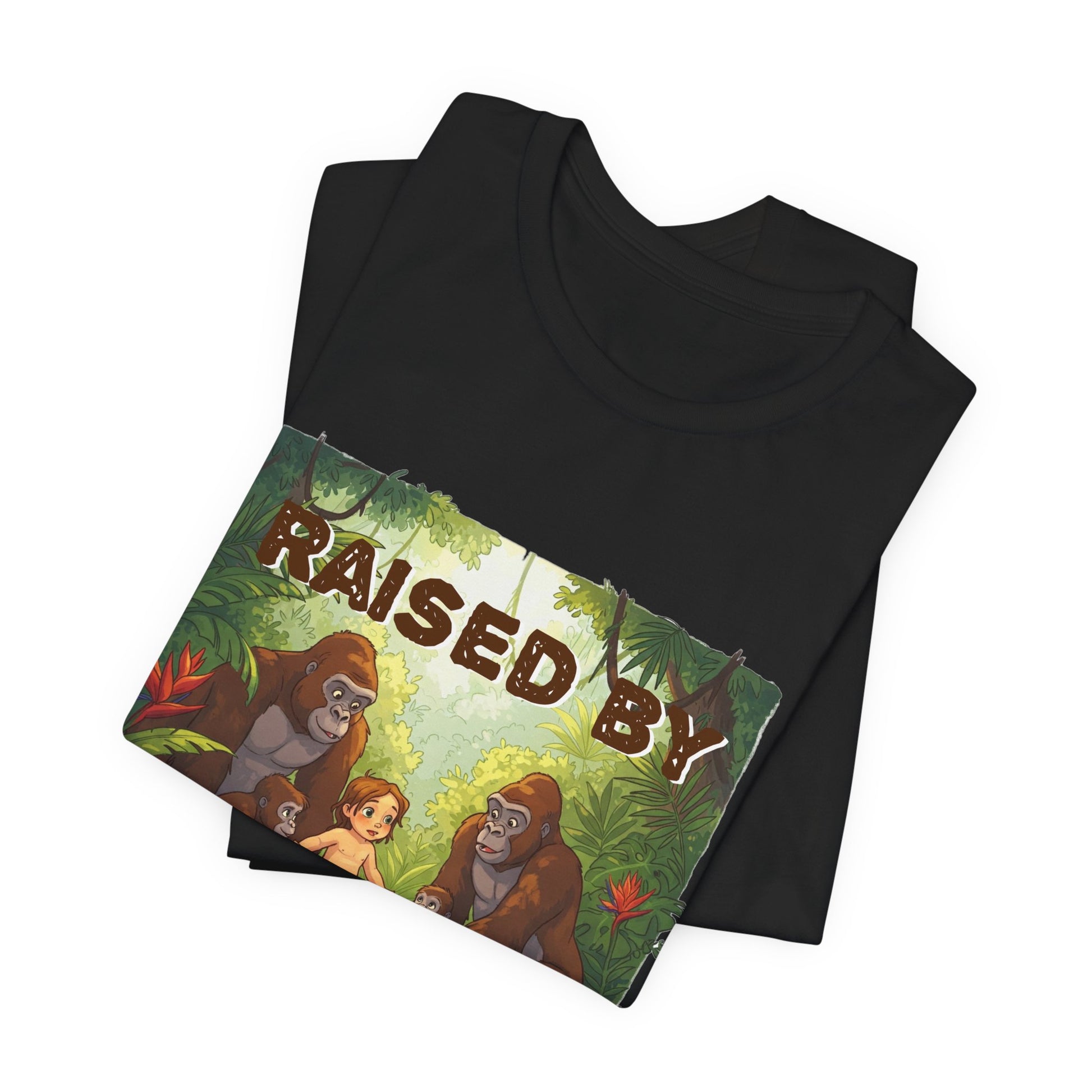 Hilarious 'Raised by Gorillas' Unisex T-Shirt - Funny Animal Lover Gift (male character version) - Schmartypants