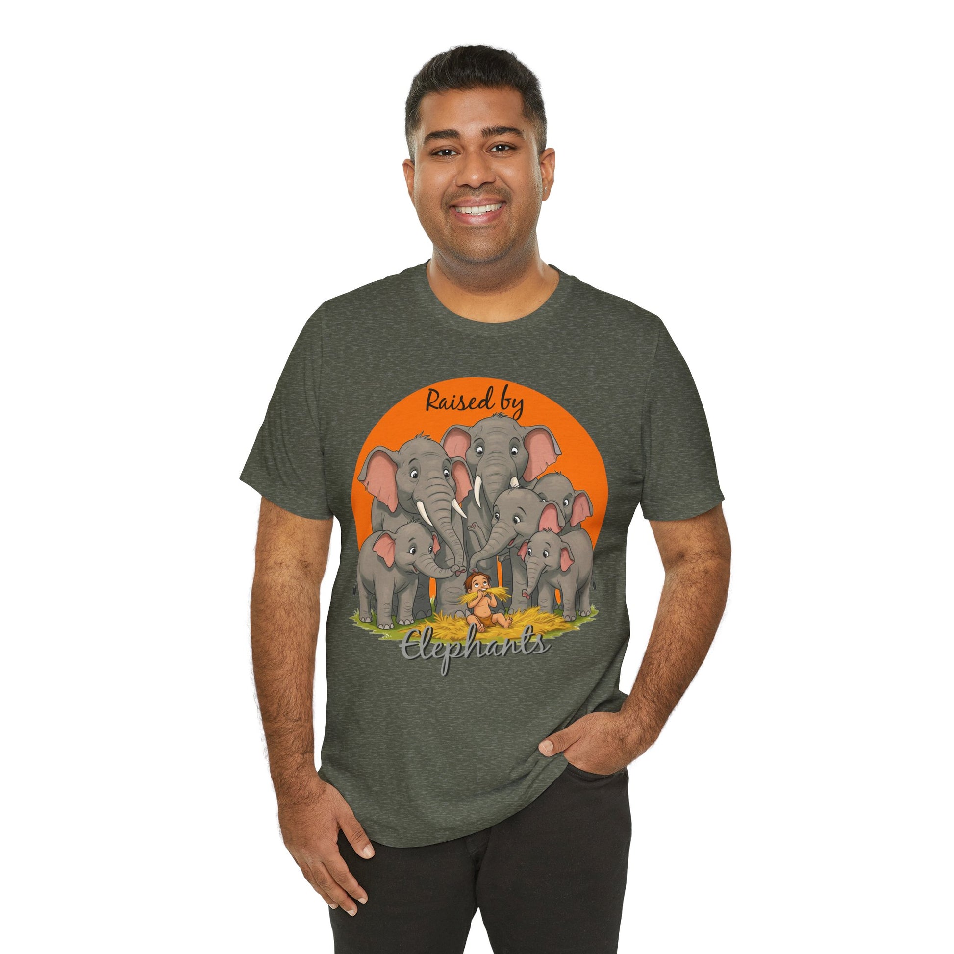 Elephant Lovers Tee - Funny 'Raised by Elephants' Unisex Jersey Short Sleeve Shirt - Wildlife and Nature Lovers Shirt (Male Character Version) - Schmartypants