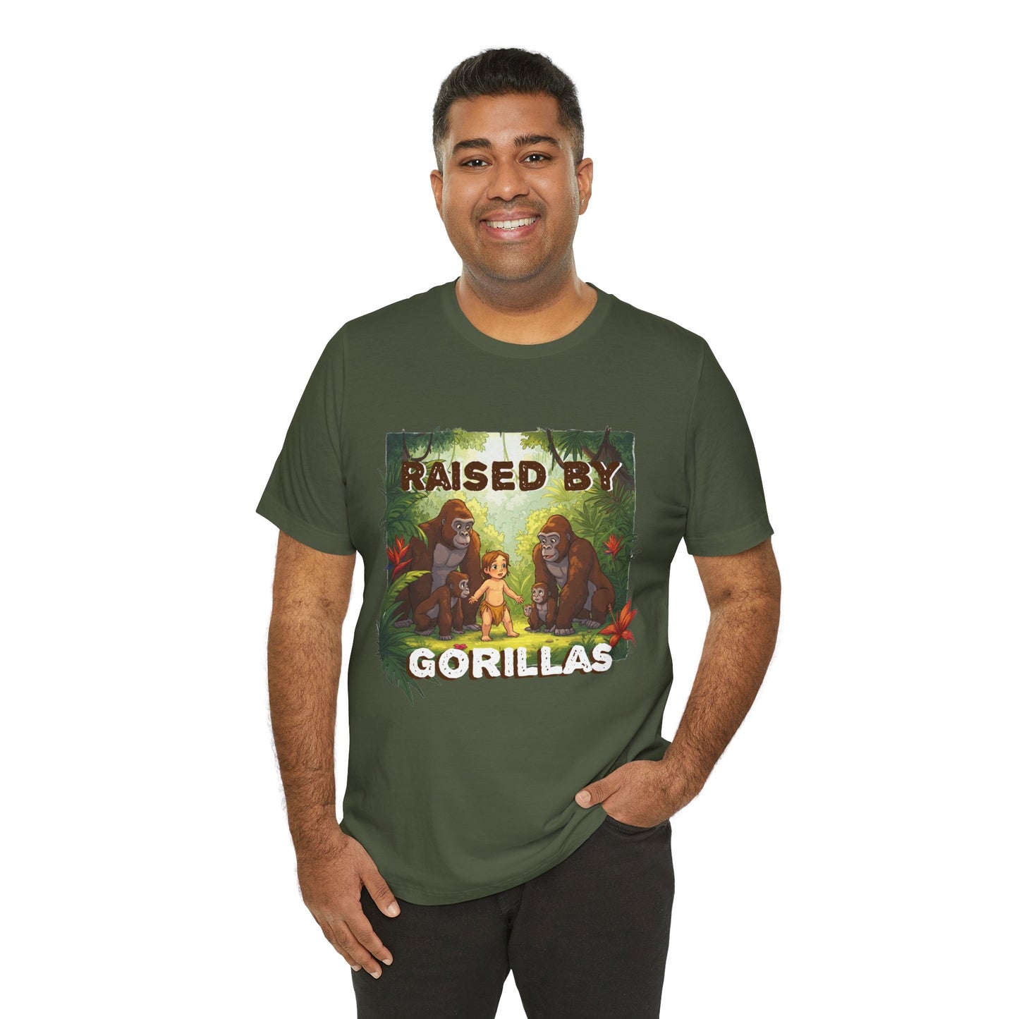 Hilarious 'Raised by Gorillas' Unisex T-Shirt - Funny Animal Lover Gift (male character version) - Schmartypants