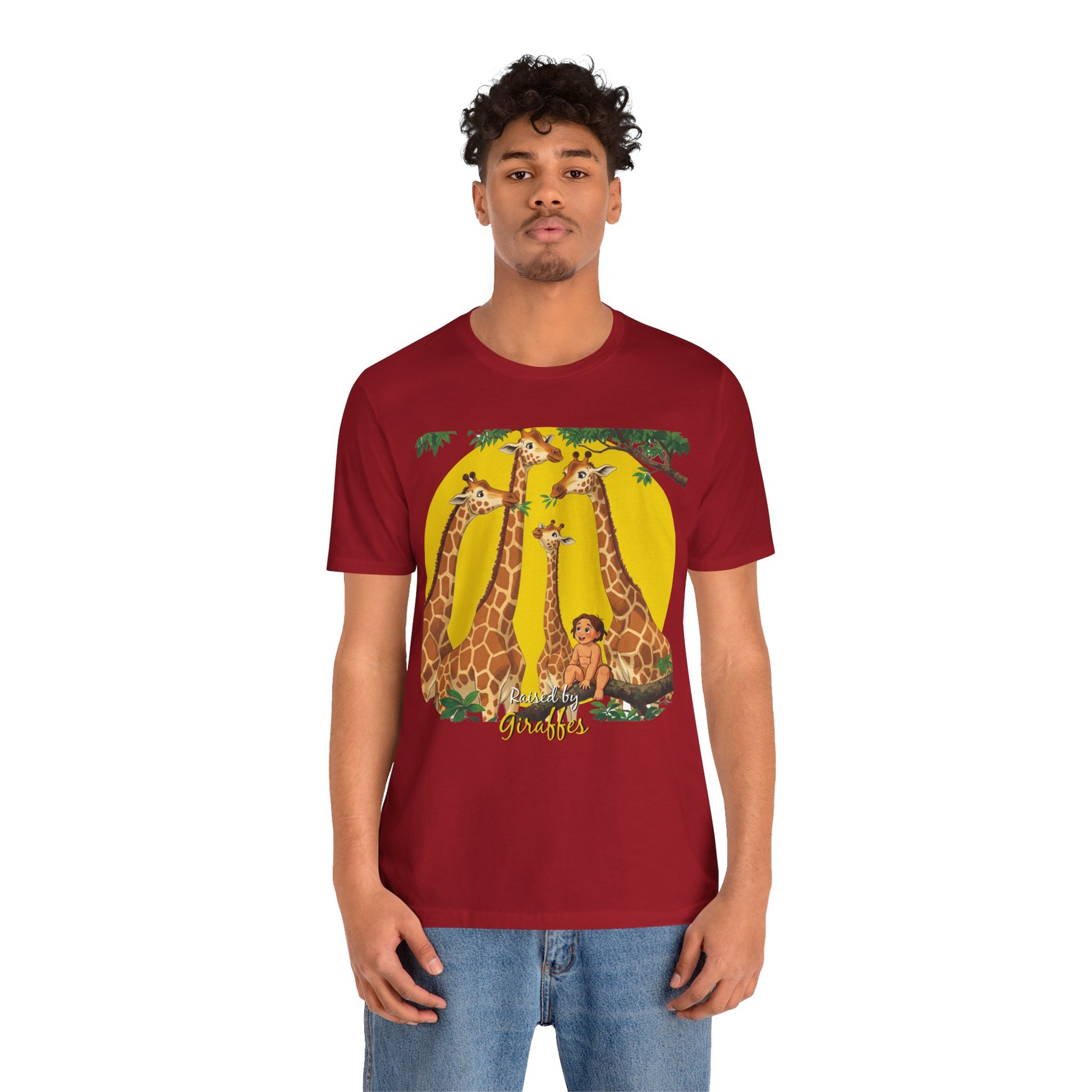 Hilarious Comical 'Raised By Giraffes' Unisex Short Sleeve Tee - Perfect for Animal Lovers (male character version) - Schmartypants