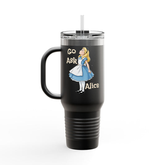 Alice in Wonderland 'Drink Me' Travel Mug, 40oz Insulated Tumbler with 'Go Ask Alice' Side Graphic - Whimsical Gift for Tea Lovers, Literary