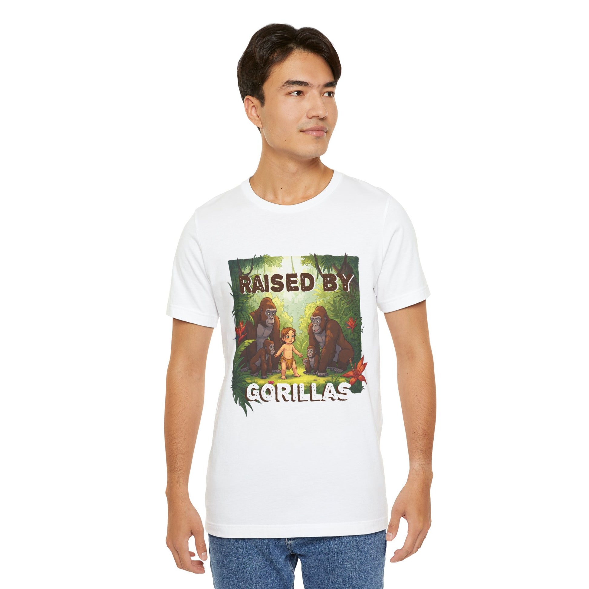 Hilarious 'Raised by Gorillas' Unisex T-Shirt - Funny Animal Lover Gift (male character version) - Schmartypants