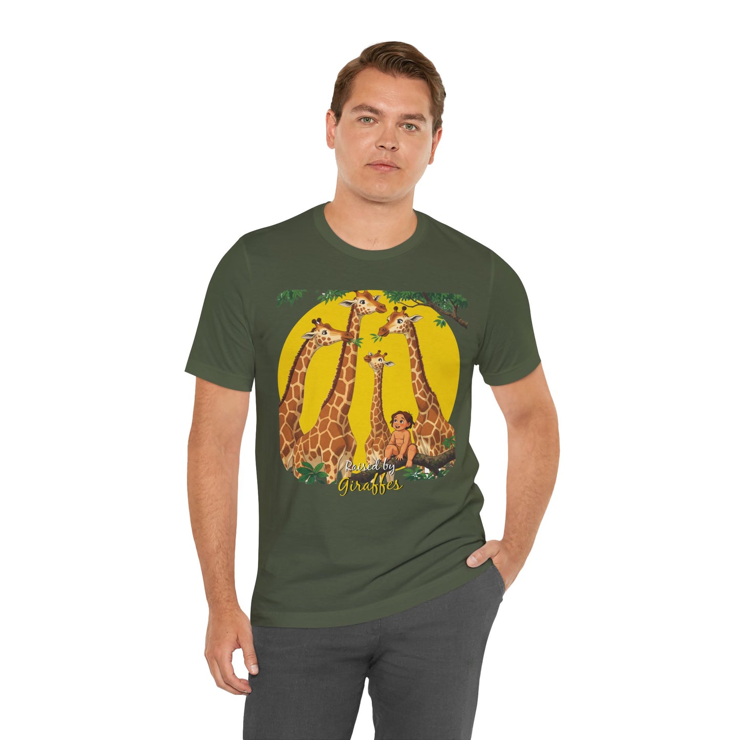 Hilarious Comical 'Raised By Giraffes' Unisex Short Sleeve Tee - Perfect for Animal Lovers (male character version) - Schmartypants