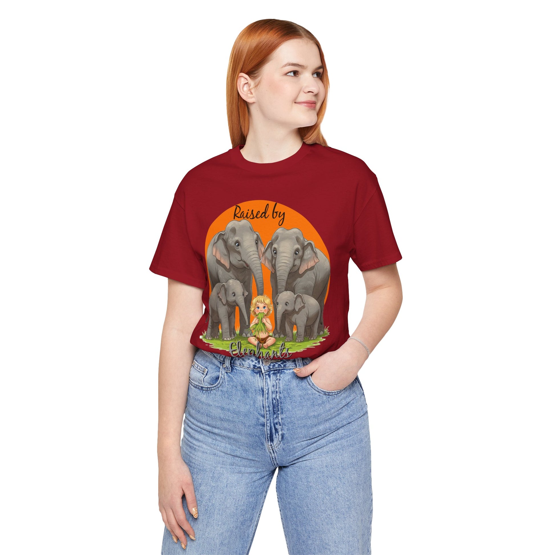 Funny Raised by Elephants Unisex Short Sleeve Tee - Perfect for Animal Lovers, Wildlife Fans (Women's character version) - Schmartypants