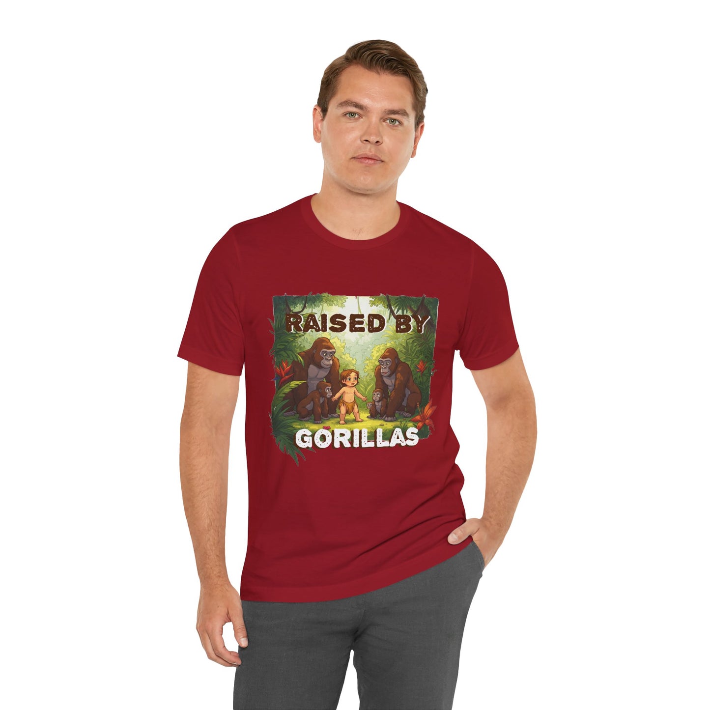Hilarious 'Raised by Gorillas' Unisex T-Shirt - Funny Animal Lover Gift (male character version) - Schmartypants