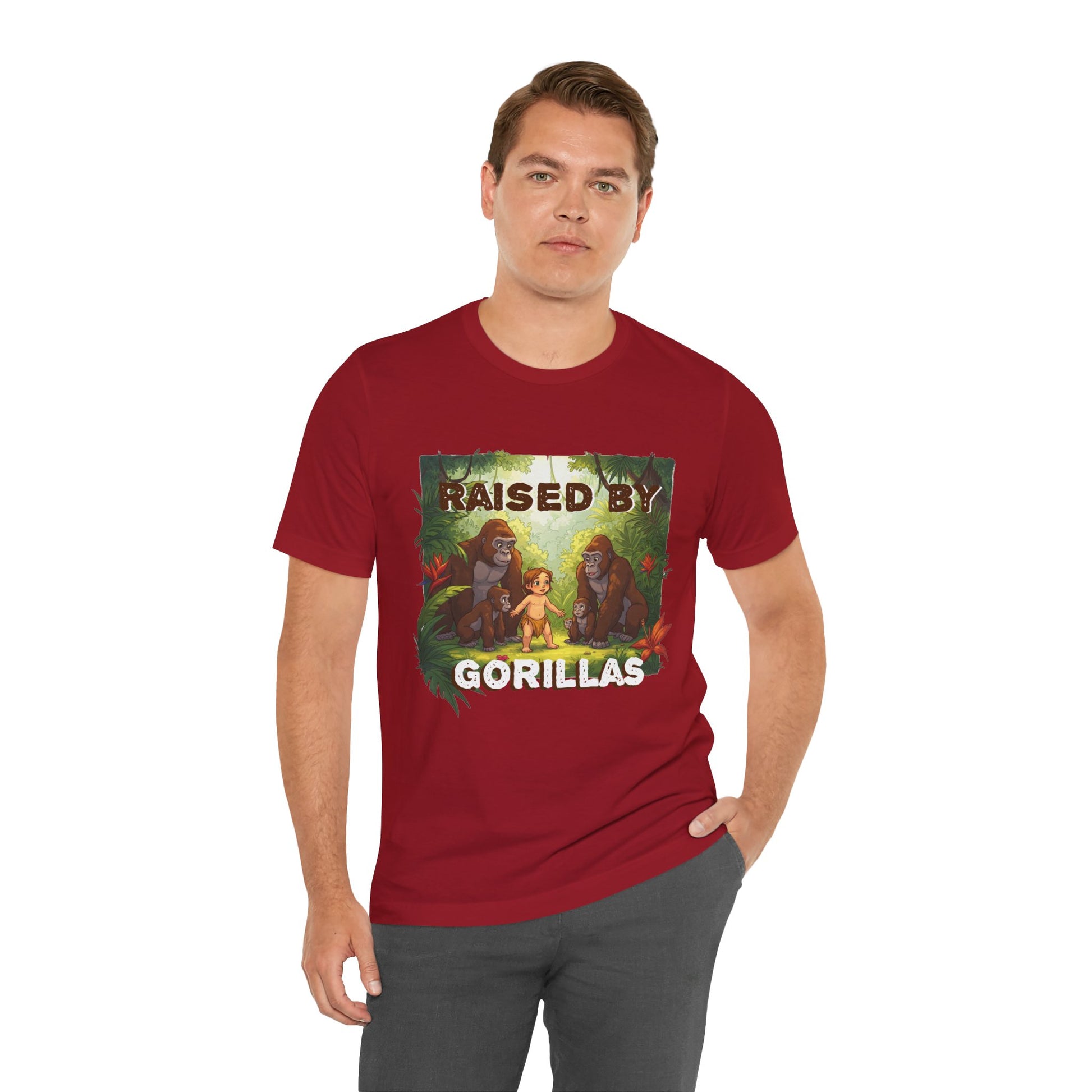 Hilarious 'Raised by Gorillas' Unisex T-Shirt - Funny Animal Lover Gift (male character version) - Schmartypants