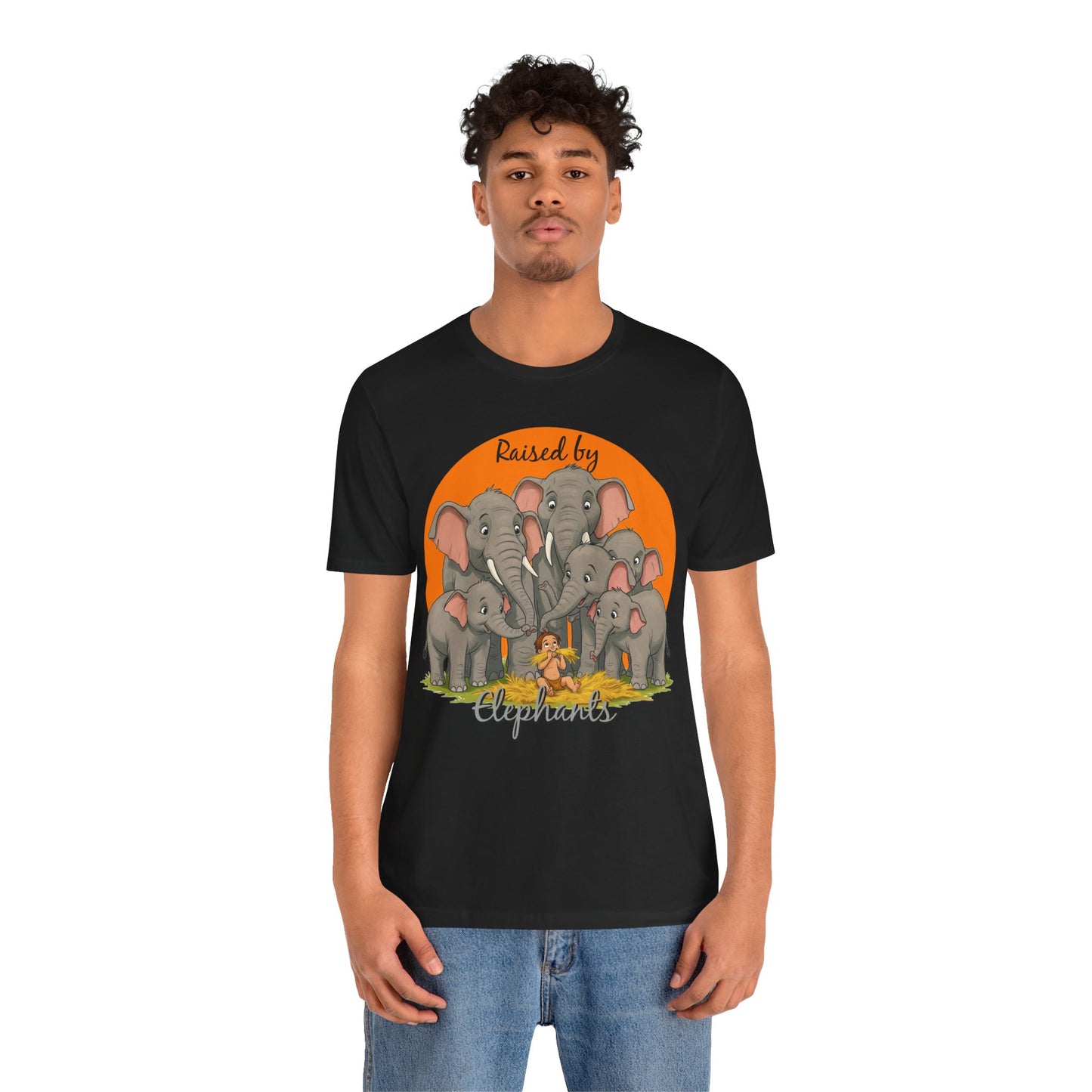 Elephant Lovers Tee - Funny 'Raised by Elephants' Unisex Jersey Short Sleeve Shirt - Wildlife and Nature Lovers Shirt (Male Character Version) - Schmartypants