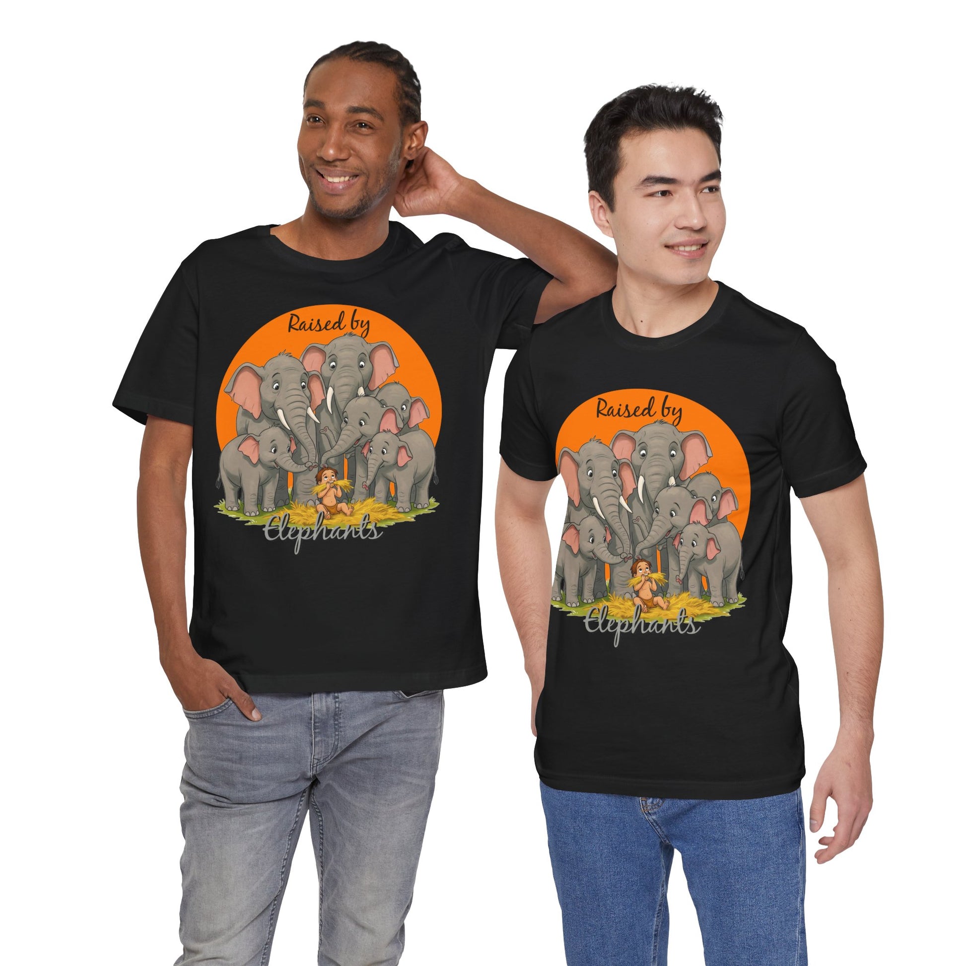 Elephant Lovers Tee - Funny 'Raised by Elephants' Unisex Jersey Short Sleeve Shirt - Wildlife and Nature Lovers Shirt (Male Character Version) - Schmartypants