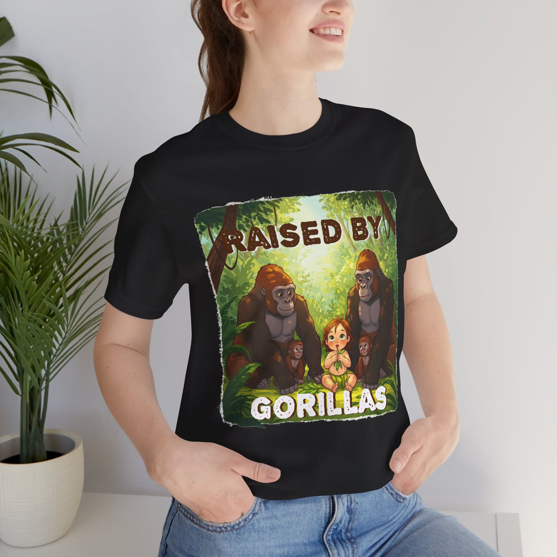 Funny Gorilla Graphic Tee - 'Raised by Gorillas' Unisex Jersey Shirt (Female character version) - Schmartypants