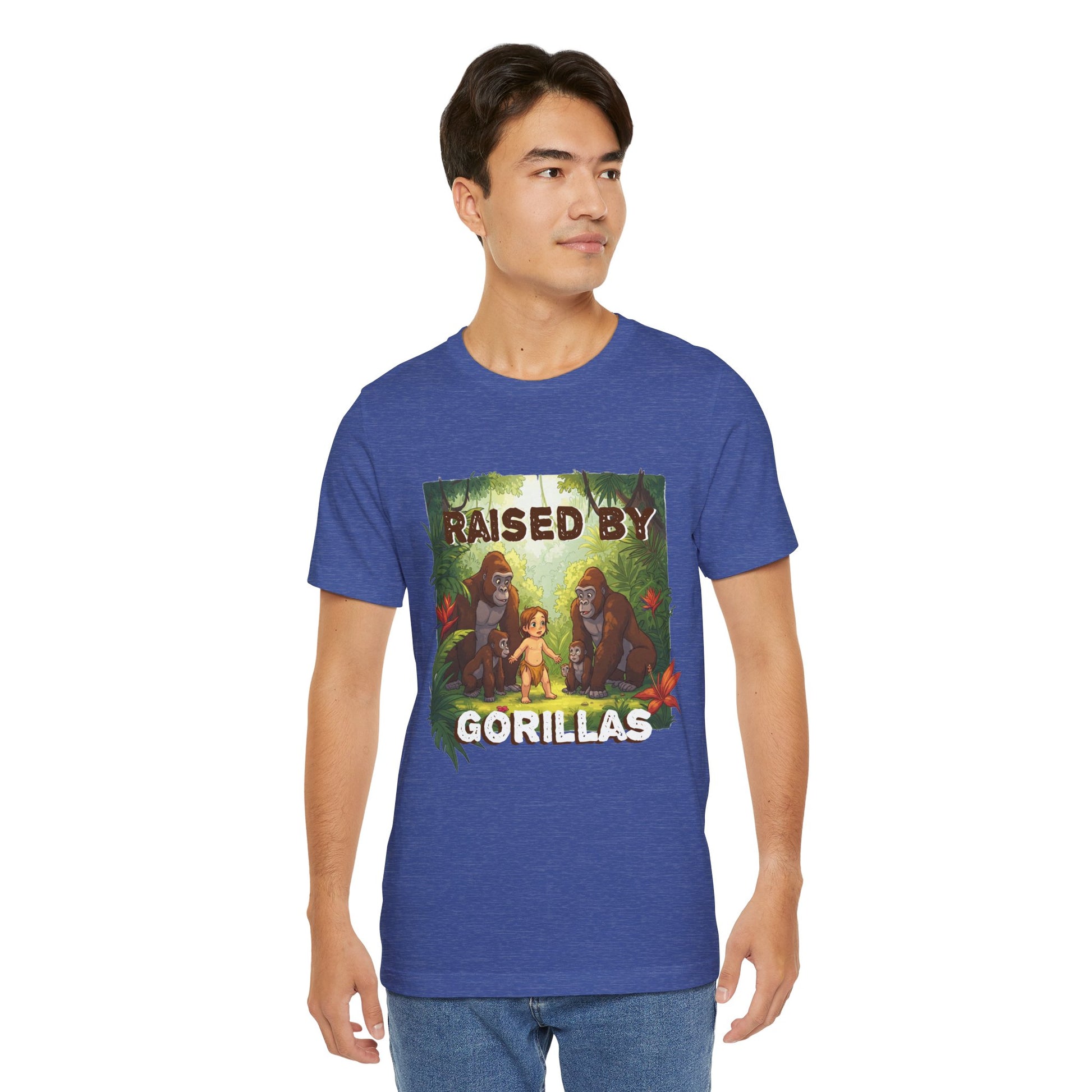 Hilarious 'Raised by Gorillas' Unisex T-Shirt - Funny Animal Lover Gift (male character version) - Schmartypants