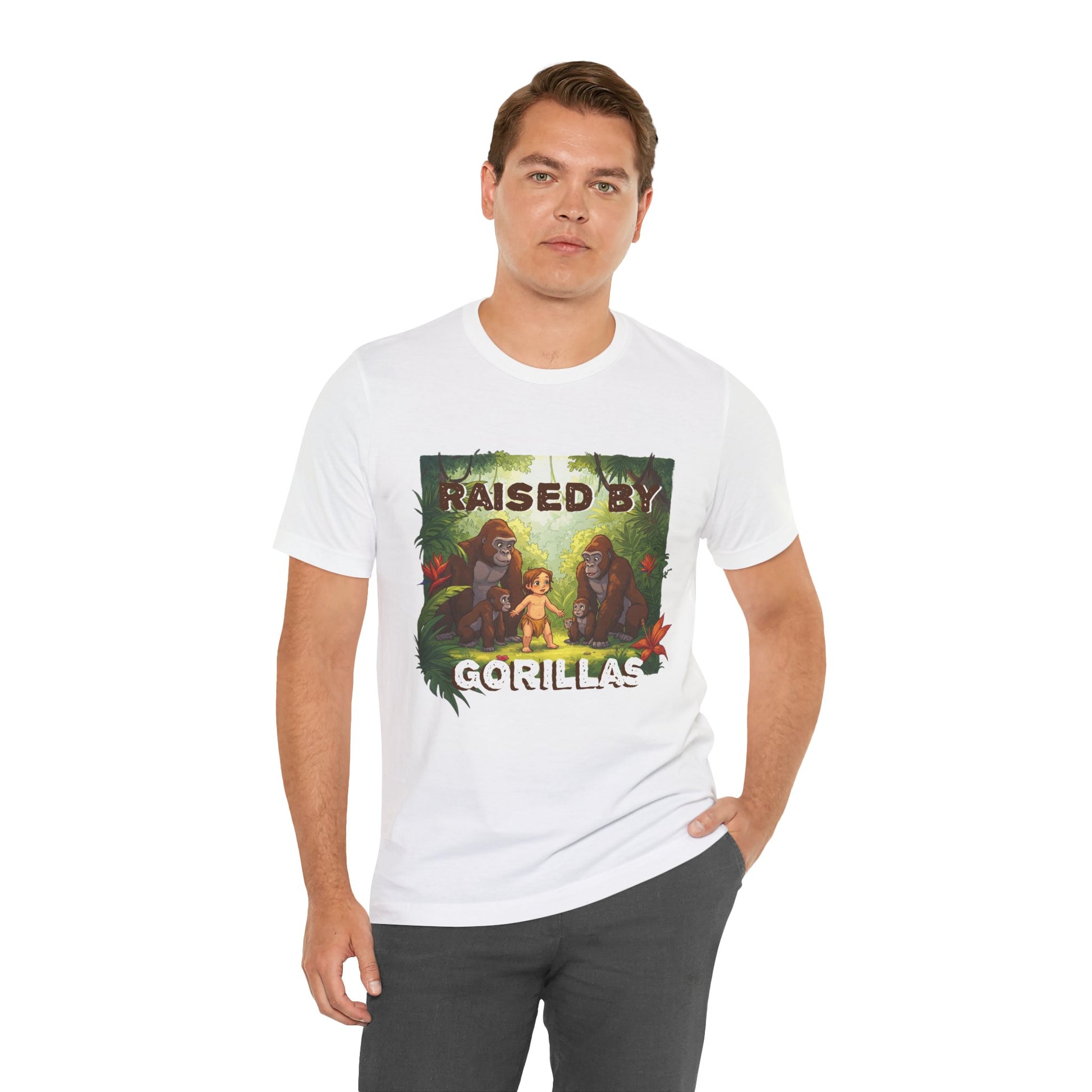Hilarious 'Raised by Gorillas' Unisex T-Shirt - Funny Animal Lover Gift (male character version) - Schmartypants