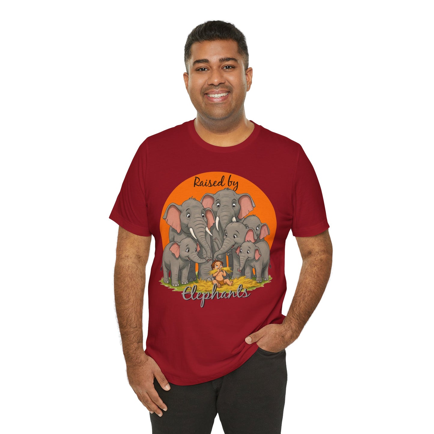 Elephant Lovers Tee - Funny 'Raised by Elephants' Unisex Jersey Short Sleeve Shirt - Wildlife and Nature Lovers Shirt (Male Character Version) - Schmartypants